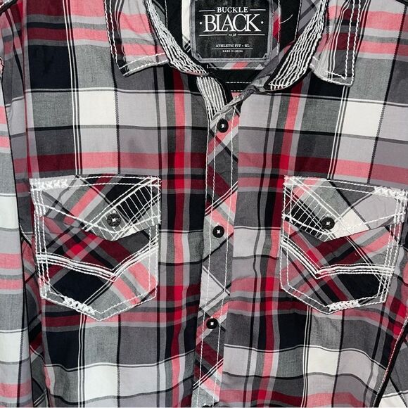 Buckle Black Plaid Topstitching Long Sleeve Button Down Tops Men’s XL - Picture 7 of 15
